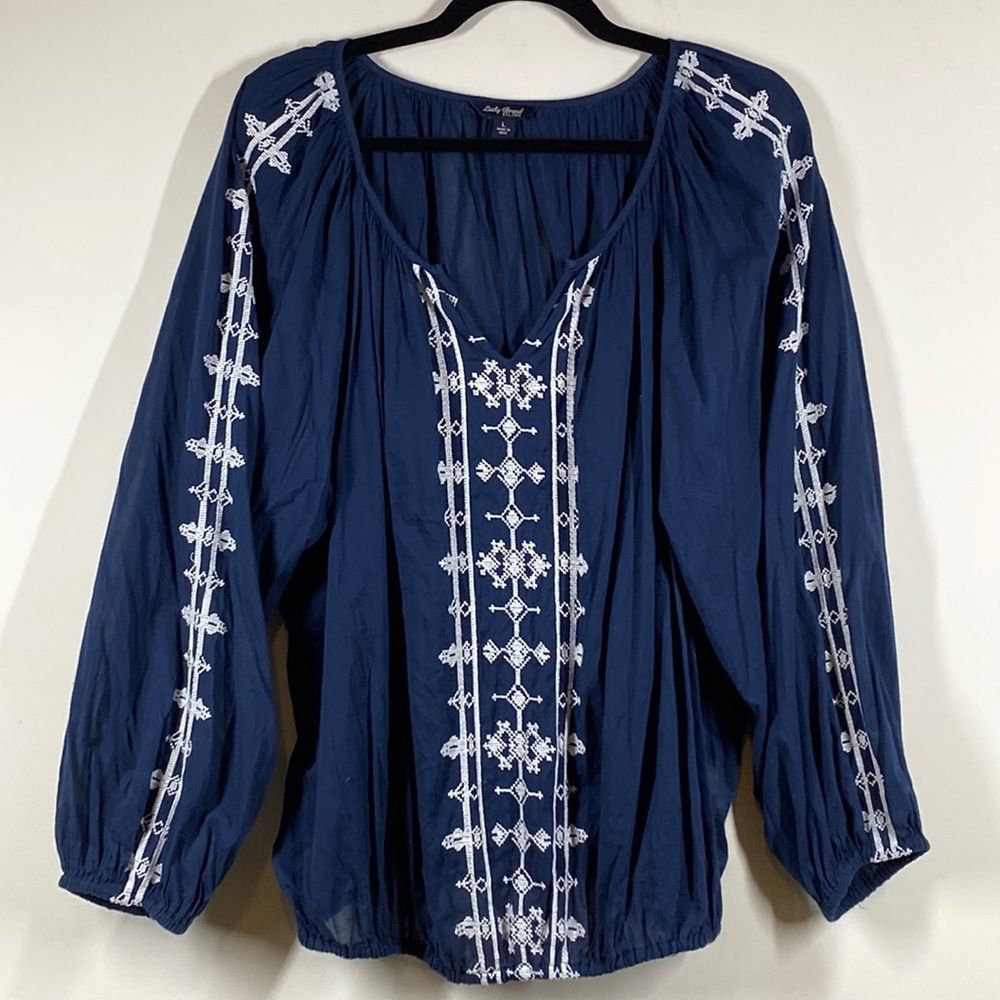 Lucky Brand Women L Navy Blue Cotton Embroidered Lightweight Long Sleeve Blouse
